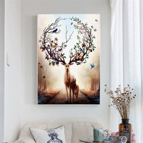 Nordic Elk Deer Canvas Paintings Modern Decorative Pictures Prints and Posters Parent-child Deer Paintings for Living Room Decor