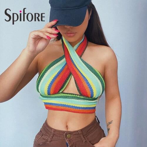 Spifore Multicolor Halter Tops Off Shoulder Sheath Club Party Women 2021 Cross Neck Low V Backless Sexy Crop Summer Tops Y2K