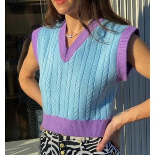 Contrasting Color Stitching Women V-Neck Sweater Vest Hot Girl Style Trend Sleeveless Diamond Print/Color Block Knit Short Vest