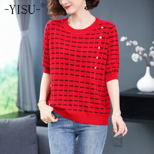 YISU 2021 Loose Summer Sweater Summer tops O-Neck Middle sleeve Jumper Sweater Thin Casual Knitted Pullover Woman clothing
