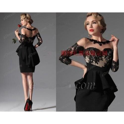 Party prom gown vestido de noiva robe de soiree long sleeves high neck 2019 Special Occasion lace satin mini black evening dress