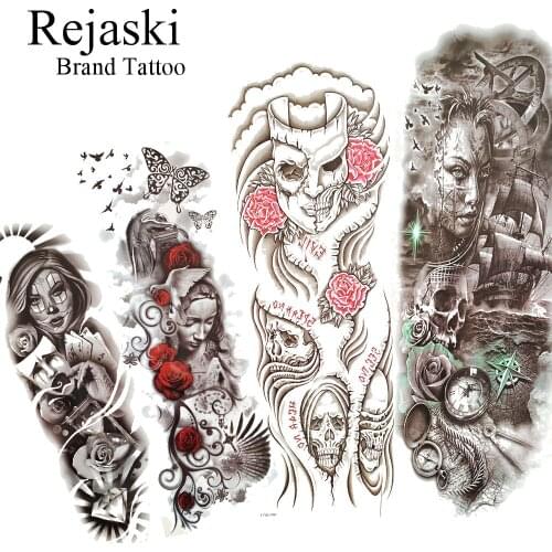 Rejaski Large Death Evil Skull Temporary Tattoo Stickers Women Body FULL ARM LEGS Waterproof FAke Mask Girls Big Tattoo Paper