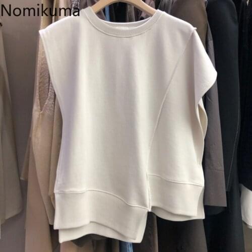 Nomikuma T Shirt Women O Neck Sleeveless Basic Tops Summer Tees New 2021 Casual Loose Korean Style Irregular Tshirts Camisetas