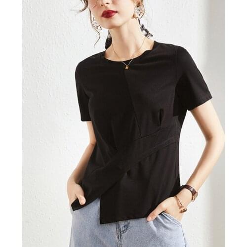 White T Shirt Women Asymmetrical Folds Black T-Shirt 2021 Summer Ladies Tops Korean Style Short Sleeve Cotton Tee Shirt Femme