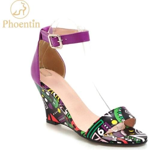 Phoentin peep toe wedge sandals purple 2020 new arrival geometric print shoes woman ankle strap buckle closure footwear FT725