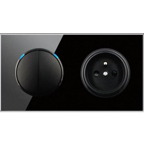 146 Type 2 gang 2 way French Crystal Tempered Pure Glass Panel 13a Double Eu Standard Wall Power Socket Grounded black