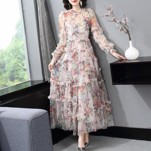2021 spring and summer Lantern Sleeve Ruffle heavy industry screen printing waist down shaggy swing long dress 211106