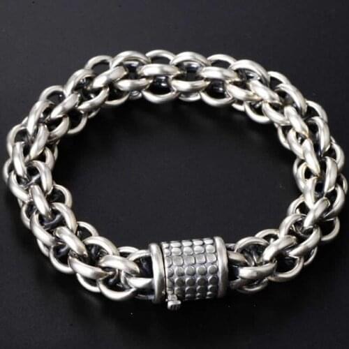 8 inch Pure S925 Silver Bracelet Men Heavy Gold Bracelet Stamp S925 Vintage Bracelet