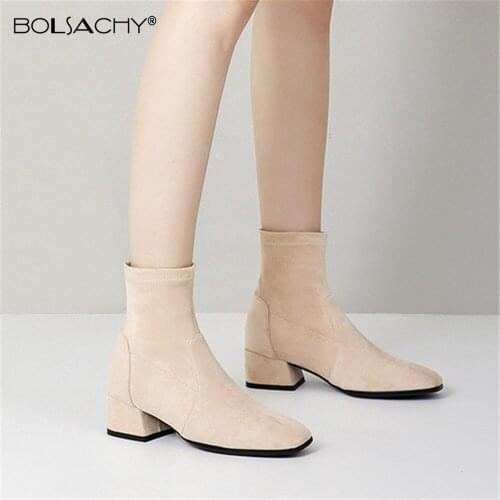 Fashion Ankle Elastic Sock Boots Chunky High Heels Stretch Women Autumn Winter Sexy Booties Round Toe Women Pump 32-43 Apricot