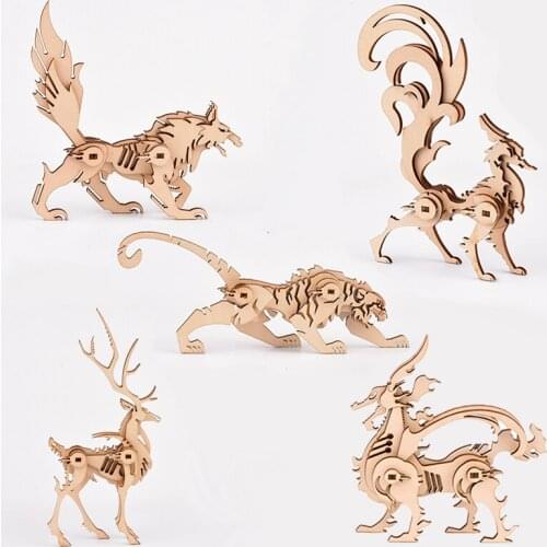 Wooden 3D Three-Dimensional Puzzle Children Diy Jigsaw Toy Handmade Animal Wolf Tiger Fox Simulation Small Model