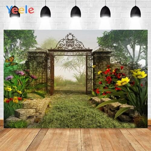Yeele Forest Green Plants Red Yellow Flowers Iron Gate Stone Road Background Photophone Photography for Decor Customized Size