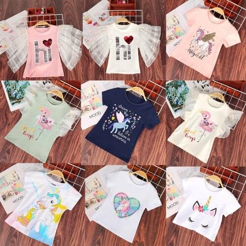 2021 3 5 6 7 8 Years Unicorn Girls T-Shirt Boys Short Sleeve Tee Tops Kids Cartoon Printing Clothes Children Birthday Party Wear