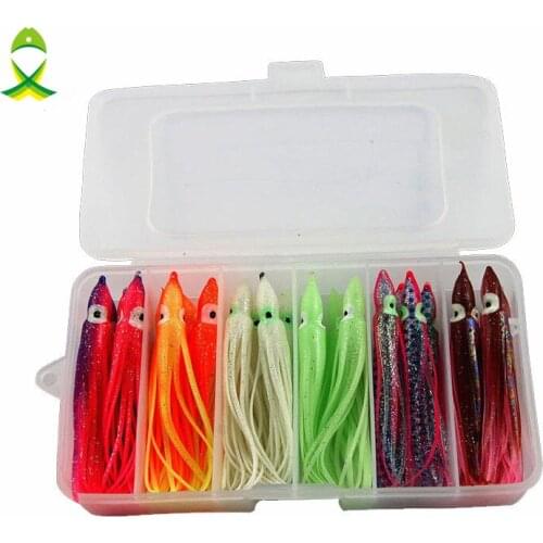 JSM 24pcs 10cm Soft Octopus Fishing Lures For Jigs Mixed Color Luminous Octopus Skirts Artificial Jigging Bait Set With Box