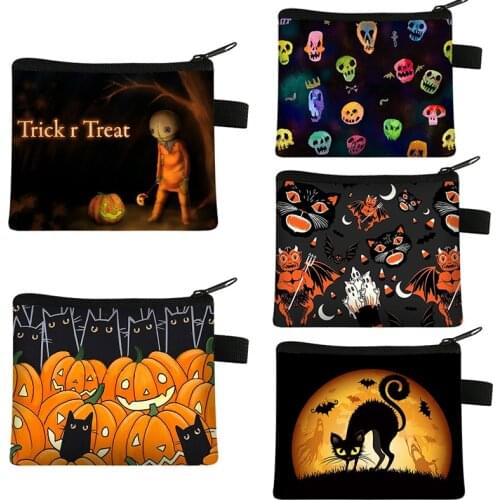 Halloween Cartoon Coin Purse Spider Cat Bat Pumpkin Skull Wallet Mini ID Card Bag Small Candy Bags Key Money Bag