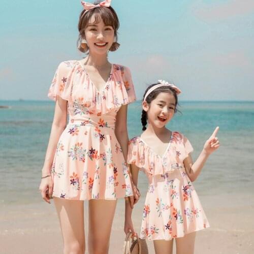 Mother Daughter Swimsuit Clothes Printing Piece Double Lotus Leaf Parent-Child Swimwear Family Matching Swimsuit Outfits