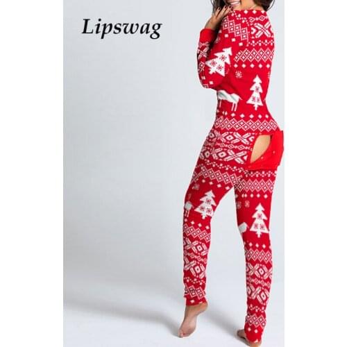 Fashion Christmas Animal Print Jumpsuit Women Elegant Casual Long Sleeve Button-down Playsuit Sexy Hollow Out Rompers Pajamas