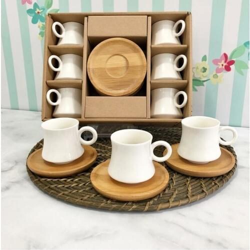 Coffee Cup Set For 6 Person Piece with Bamboo Plate Genuine First Class Porcelain Helathy Coffee Drinking With Your Guests