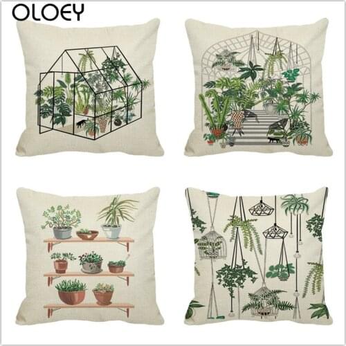 Nordic Style Green Plant Potted Linen Pillowcase, Size 45x45cm, Home Bedroom Office Decoration, Hotel Car Decorative Pillowcase