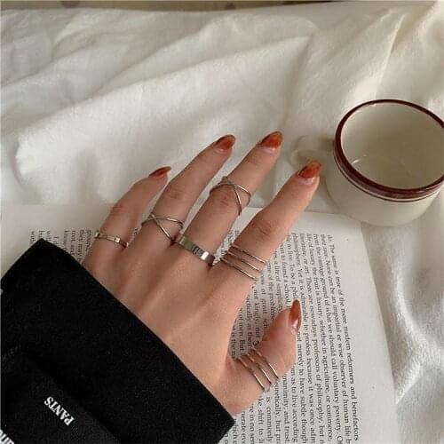New 6pcs/set Punk Finger Rings Minimalist Smooth Gold/Black/Silver for Women Girls Party Jewelry Geometric Metal Rings