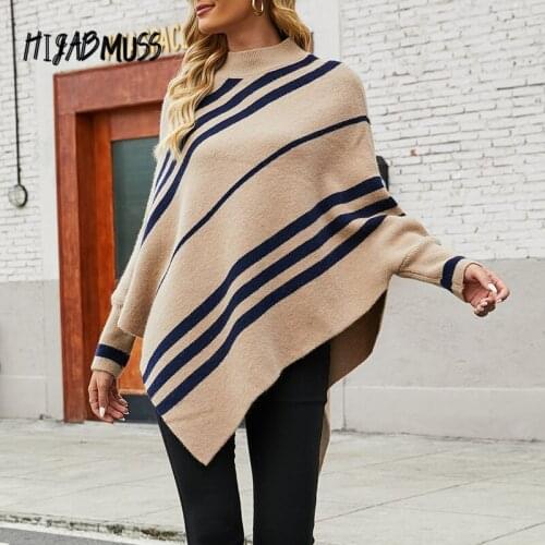 Autumn And Winter New 2021 Womens Cape Shawl Sweater Round Neck Striped Casual Pullover Ladies Sweater