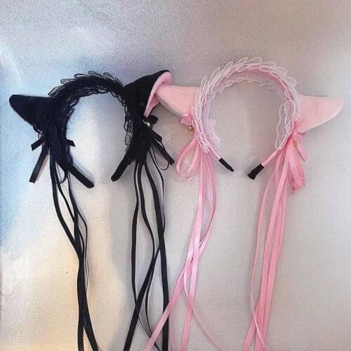 Women Girls Ruffles Lace Faux Silk Headband Cute Plush Cat Ears Ribbon Tassels Bell Decor Hair Hoop Lolita Anime Cosplay