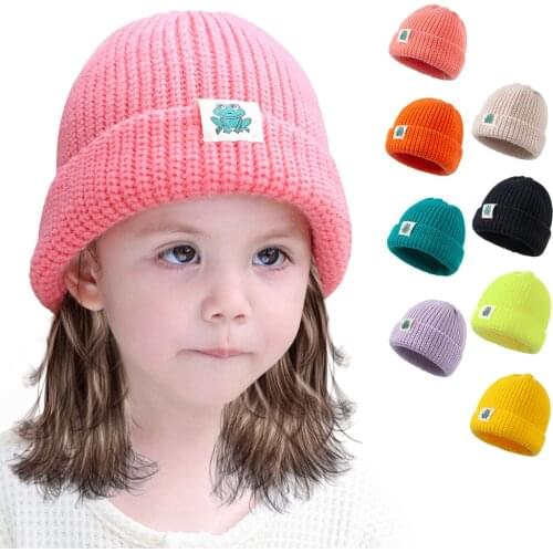 Autumn Winter Hats for Baby 0-3 Years 8 Solid Color Kids Knitted Elastic Bonnet Cap With Cute Cartoon Frog Label Warm Casual Cap