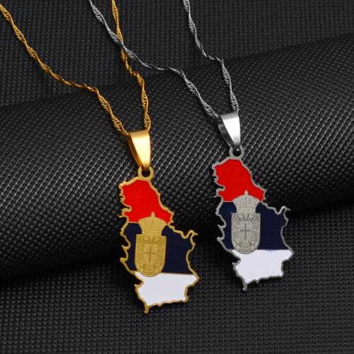 Anniyoc Serbia Eagle Map and Flag Pendant Necklaces for Women Men Silver Color/Gold Color Srbija Jewelry Serbian Gifts #256921