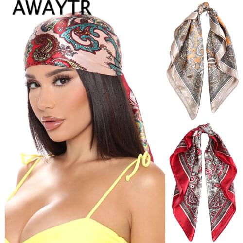 AWAYTR Fashion Square Silk Scarf Women Headband 60*60cm Print Neck Scarfs Office Hair Band Hand Kerchief Female Bandana Headwear