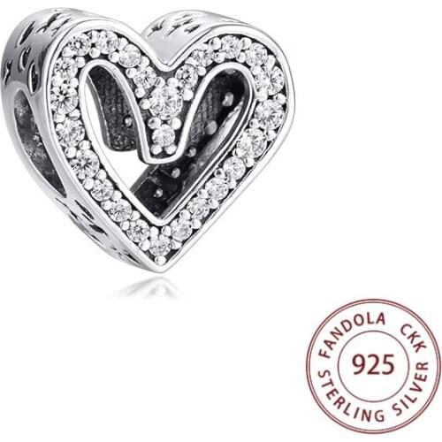 Fits Pandora Bracelet 925 Sterling Silver Sparkling Freehand Heart Charms Clear CZ Metal Beads for Jewelry Making Kralen