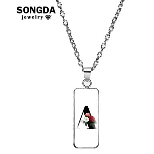 26 Letter Pattern Rectangular Necklace Patterned Glass Surface Neck Jewelry Fashion Handmade Lady Accessories Girl Women Gifts