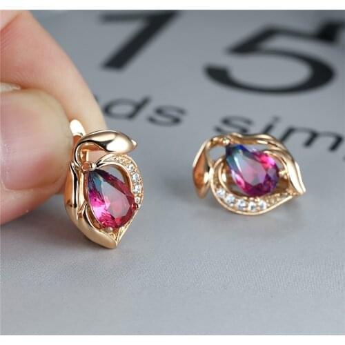 Multicolor Crystal Water Drop Stone Earrings Mystic Rainbow Zircon Hoop Earrings Boho Rose Gold Color Wedding Earrings For Women