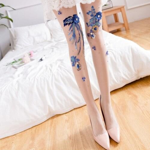 Cherry Blossom Blue Demon Ji style Slim Leggings stockings Sexy pantyhose silk crocheted embroidery flower woman long stockings