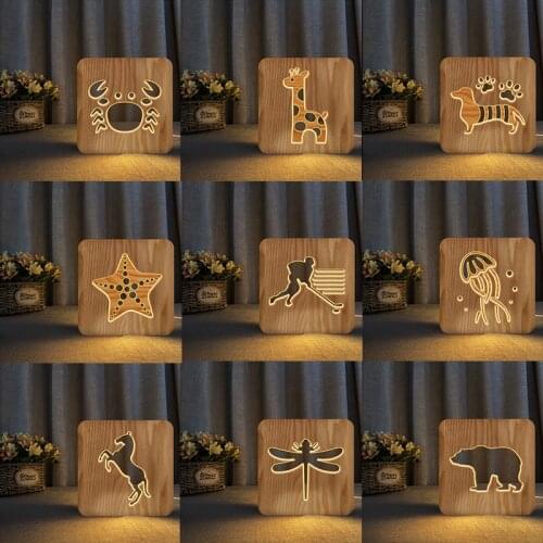 Acecorner LED USB Night Light Wooden Dog Hockey Player Animal Lamp Novelty Kid Bedroom 3D Decoration Table Lights Child Gift
