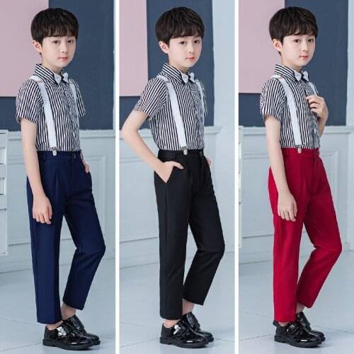 2020 Spring Summer Children Clothing Set Boys Striped Shirts Pants Bowtie Strap Outfits Kids Performance Host Costume