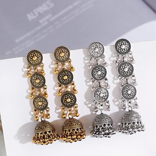 Vintage Afghan Small Round Bollywood Long Oxidized Earrings Womens Boho Ethnic Bells Tassel Dangle Earrings