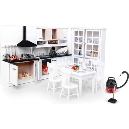 Vintage Wooden Miniature Furniture Kit Cabinet Table Chair Vacuum Cleaner for 1/12 Dolls House Kitchen Dining Rooms Decor