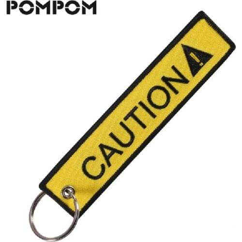 CAUTION Keychain Embroidery Black Letter Yellow Key Chain Ring For Cars and Motorcycles Fabric Custom keychain key Fob Jewelry
