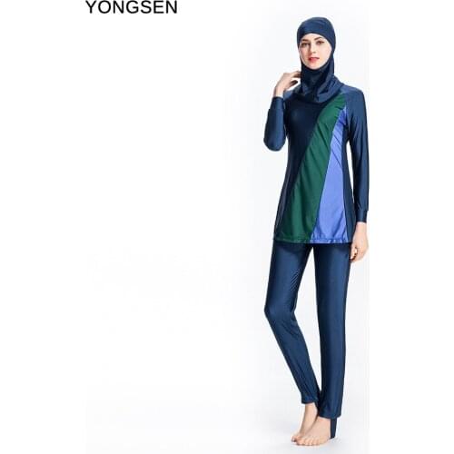 YONGSEN Sexy Splice Islamic Swimsuit Blue Full Cover Women Modest Hijab Islamic Swimwear Swim Surf Wear Sport Burkinis