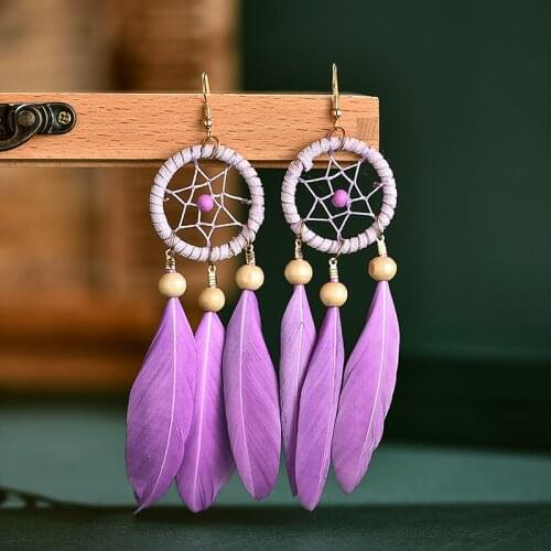 2021 Bohemian Red Dream Catcher Leaf Feather Ladies Earrings Women Summer Indian Jewelry Natural Wood Drop Dangle Earrings