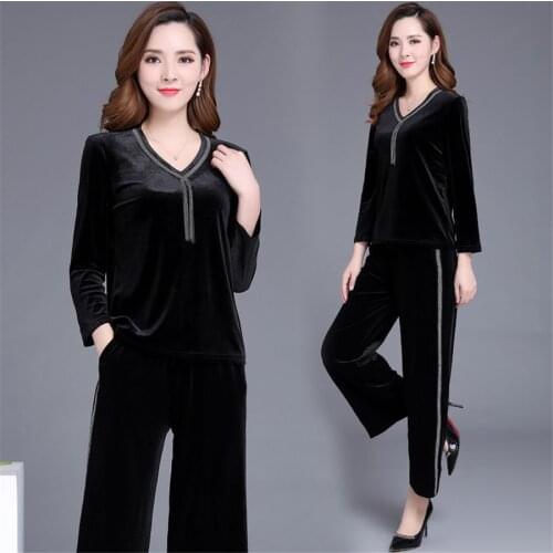 Tracksuit Womens Sweatsuit 2019 Spring Autumn Fashion Long Sleeve Tops and Wide Leg Pants Set Velvet Two Piece Plus size