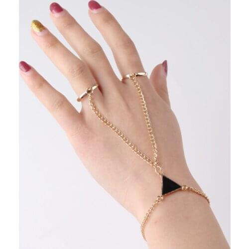 Women Punk Finger Ring Bracelet Triangle Conjoined Bracelet Hand Back Chain Jewelry