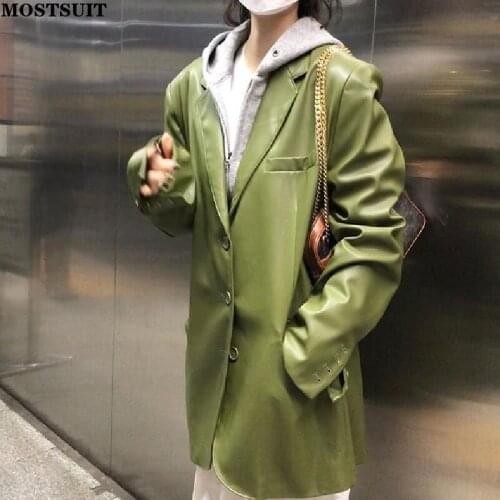 New Stylish Pu Leather Blazer Coat Women Full Sleeve Notched Collar Single-breasted Suit Jacket Streetwear Chic Fashion Blazer