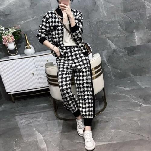 Autumn Winter Plaid Knitted 2 Pieces Set Women Vintage Sweater Cardigan Coat Crop Top + Long Pants Set Trouser Tracksuit Outfits