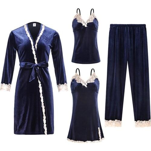 Winter Velvet Pajamas Set For Women Soft Keep Warm Sexy Sleepwear PJs 4PCs Full Sleeve Strap Nightgown Bath Robe Lingerie Suit