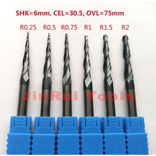 1pc R0.25/R0.5/R0.75/R1/R1.5/R2 6mm Shank 75mm HRC55 solid carbide Tapere Ball Nose End Mill CNC milling cutters knife