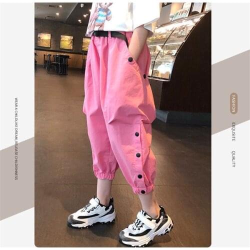 Pants for Kids Girls Cargo Pants Pure Color Trousers Pocket Loose Sport Pants High Waist Elastic Children Casual Running Pants