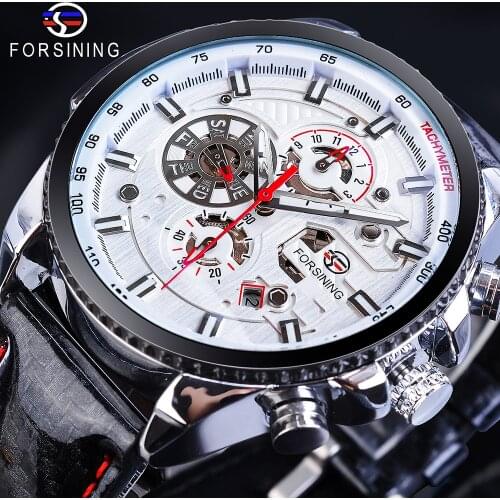 Forsining Mens Automatic Sports Watch White Racing Car Design Calendar Bling Genuine Leather Self-Wind Mechanical Male Relogio