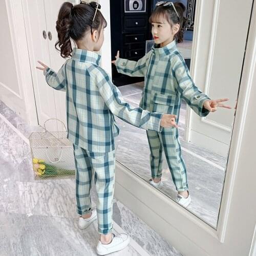 2021 Spring And Autumn Middle Big Girls Lattice Plaid Single Breasted Coat Jacket + Pants Trousers Children Wear 110cm-160cm