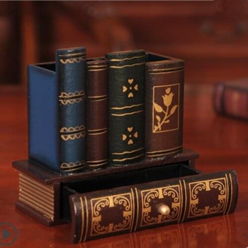 NOOLIM Multifunction Retro Wooden Pen Holder Book Shape Wood Craft Home Decor Pencil Desktop Storage Box Stationery Holder