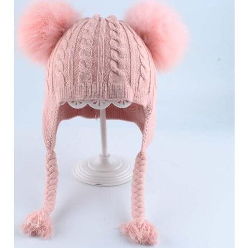 100% Real Fox Fur Pom Pom Hat Baby Beanie Winter Hat For Kids Boy Girl Warm Soft Knitted Hat Pompon Earflap Cap